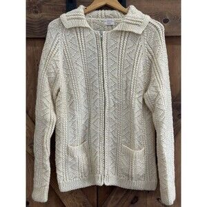 Hand Knit Cream Chunky Cable Knit Fisherman Zip Up Cardigan Vintage Women's Sz M